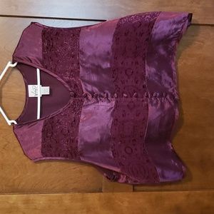 Maroon satin top with burnt velvet panels and button loop closure.